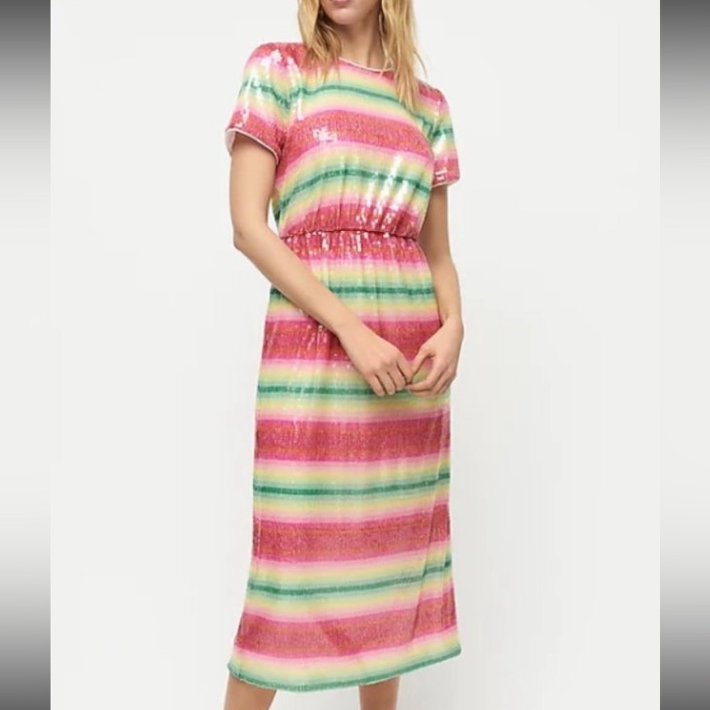 J. Crew Pink, Green Short-Sleeved Sequin Watermelon Stripe Midi Dress, Size 8